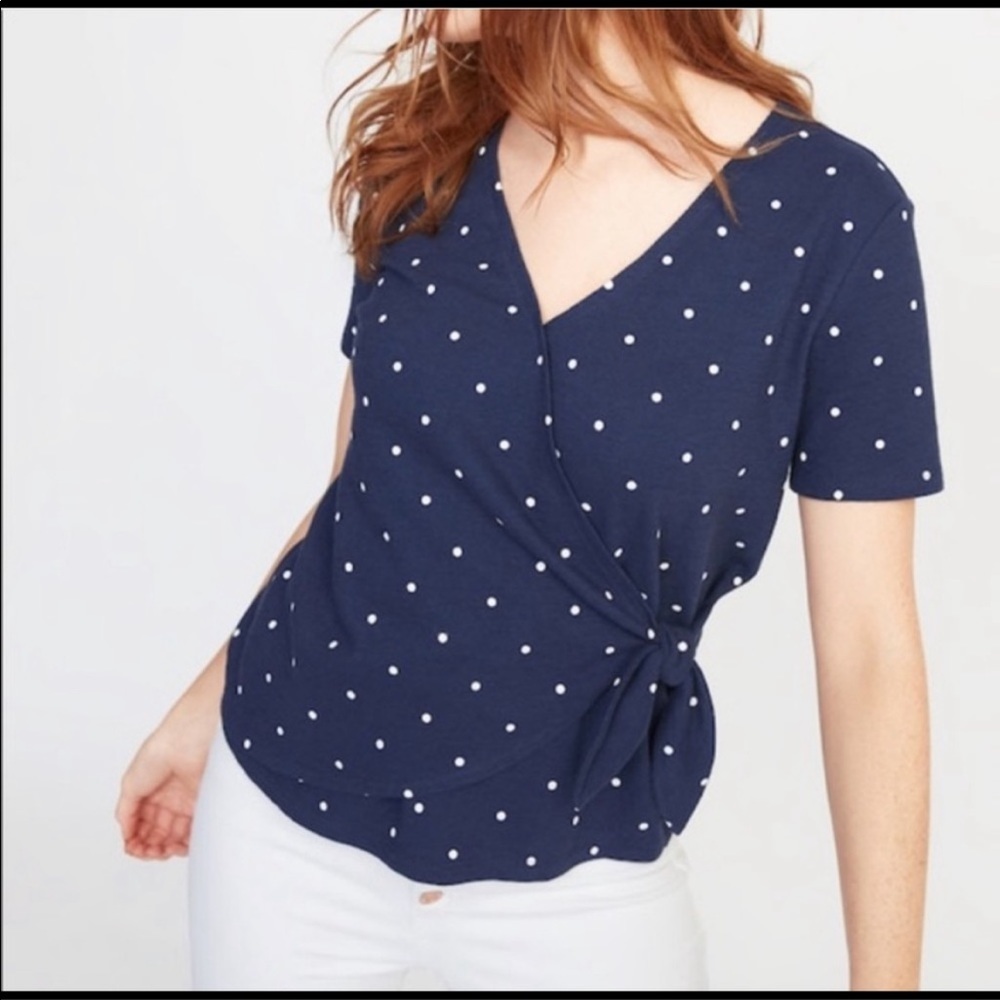Old Navy Blue Polka Dot Wrap Tie Front Shirt Size L Casual Classic Coastal